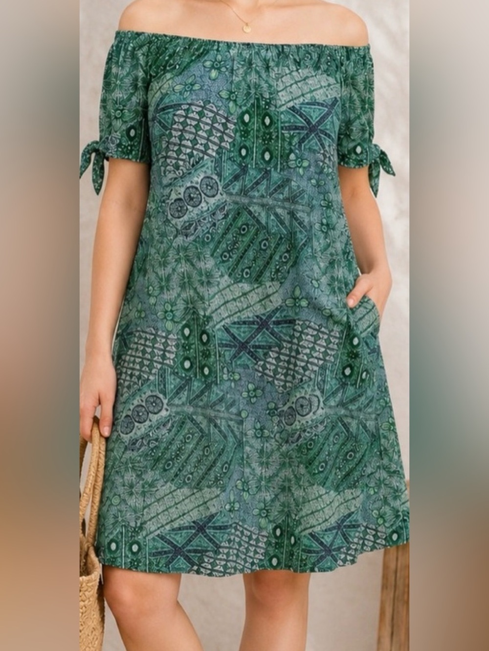 Joie de Vivre Green Boho Off Shoulder Mesh Overlay Dress Large NWOT